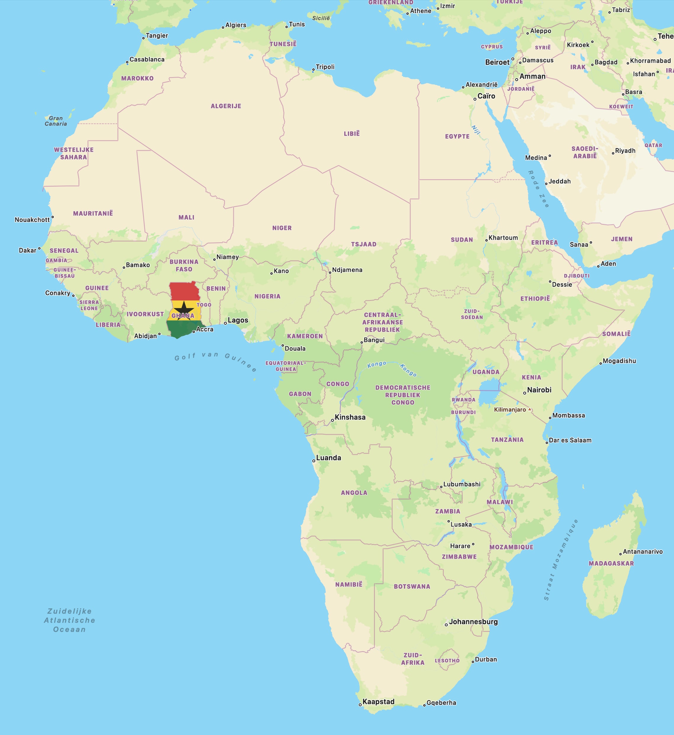 Ghana met vlag uitgelicht op kaart